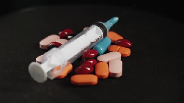 Pills Syringe Drug Revolve Black Background Concept Drug Addiction Banditry — 비디오