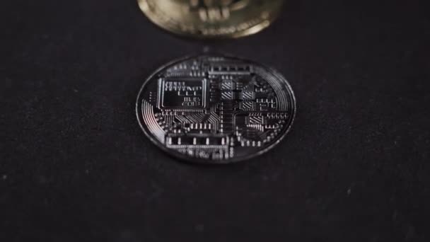 Bitcoin Btc Монета Обертається Чорному Тлі — стокове відео