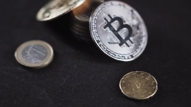 Bitcoin Btc Coin Rotating Black Background — стоковое видео