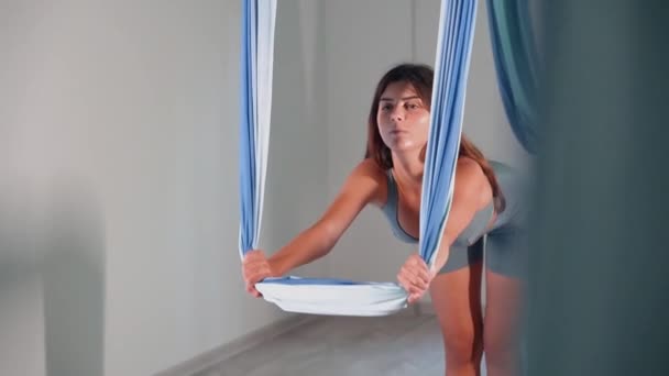 Attractive Sexy Girl Doing Sports Flying Air Stretch Fabric Airo — Video Stock
