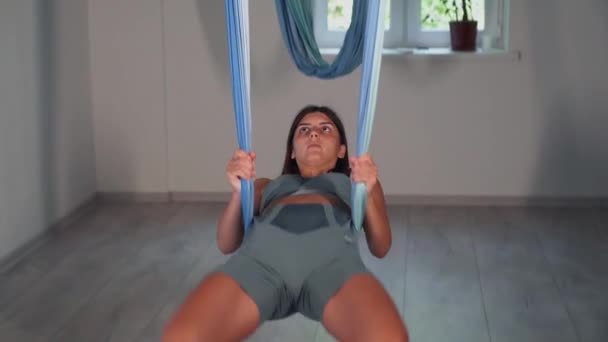 Attractive Sexy Girl Doing Sports Flying Air Stretch Fabric Airo — Stock video