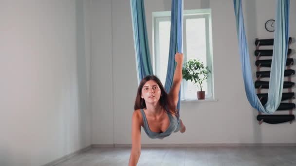 Attractive Sexy Girl Doing Sports Flying Air Stretch Fabric Airo — Vídeo de Stock