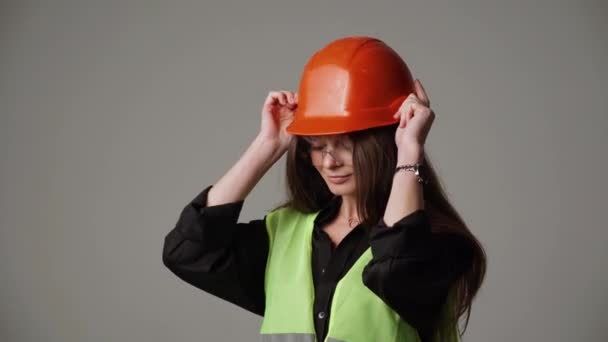 Construction Worker Woman Engineer White Background Studio — Stockvideo
