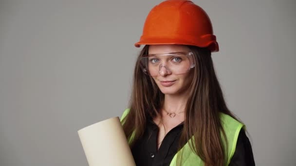 Construction Worker Woman Engineer White Background Studio — Stockvideo
