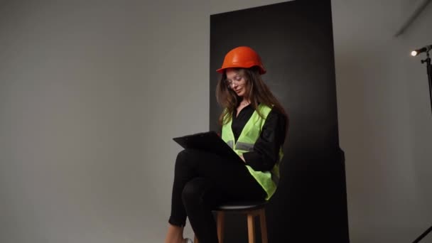 Construction Worker Woman Engineer White Background Studio — 비디오