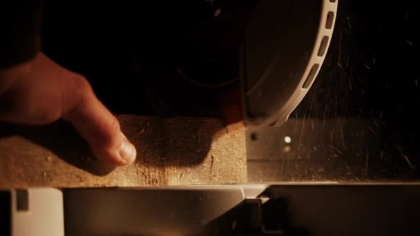 Worker Carpentry Workshop Cuts Log Boards Using Band Saw Joinery — 图库视频影像