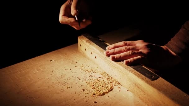 Carpenter Measures Wooden Planks Workshop — Wideo stockowe
