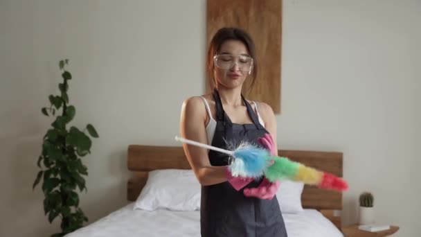 Cleaning Service Woman Worker Cleaning Living Room Home Beautiful Young — Video