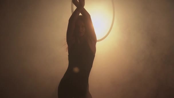 Young Woman Performs Acrobatic Elements Air Hoop Aerialist Black Background — Stok Video