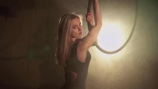 Young Woman Performs Acrobatic Elements Air Hoop Aerialist Black Background — Stock Video
