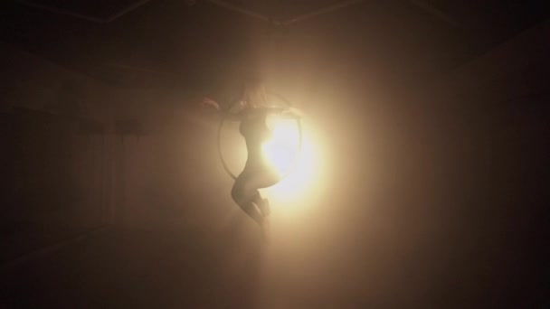 Young Woman Performs Acrobatic Elements Air Hoop Aerialist Black Background — 비디오