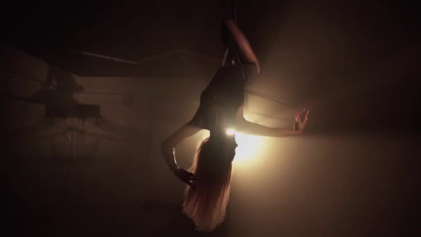 Junge Frau Führt Die Akrobatischen Elemente Air Hoop Auf Aerialist — Stockvideo