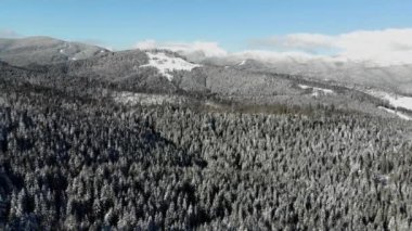 Sunny day in snow covered Carpathian Mountains. Clouds above clear sky 4k
