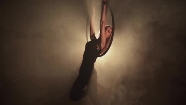 Young Woman Performs Acrobatic Elements Air Hoop Aerialist Black Background — Stockvideo