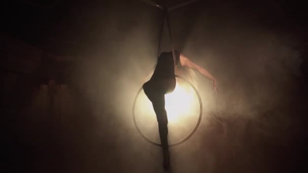 Young Woman Performs Acrobatic Elements Air Hoop Aerialist Black Background — Video Stock