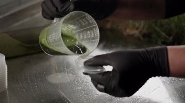 Kadın işçi küçük bir bitkide çalışıyor ve yeşil detoks sıvısı üretimi 4k