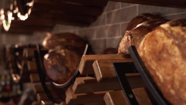 Fresh Bread Shelves Bakery Delicious Loaves Bread German Baker Shop — Stock Video