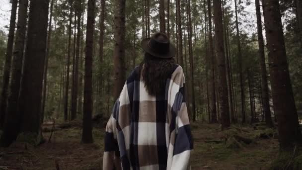 Atractiva Mujer Envuelta Una Cálida Manta Sombrero Posando Bosque Pinos — Vídeo de stock