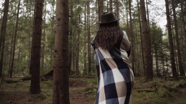 Sıcak Bir Battaniye Şapkaya Sarılı Çekici Bir Kadın Çam Ormanında — Stok video
