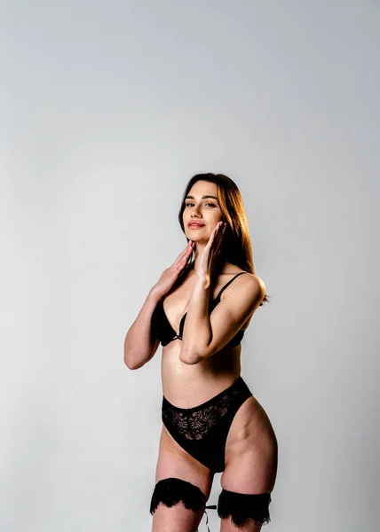 Sexy Girl Black Lingerie Posing Studio — Stock Photo, Image