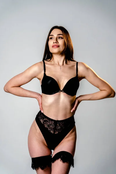 Sexy Chica Lencería Negra Posando Estudio — Foto de Stock