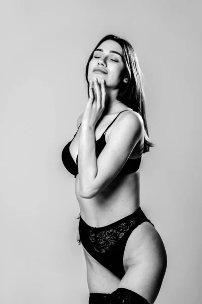 Sexy Girl Black Lingerie Posing Studio — Stock Photo, Image