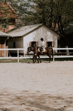 Kıza ata binmeyi öğreten bir kadın eğitmen. At sırtında at binmeyi öğrenen bir kadın binici. Aktif yaşam tarzı ve boş zaman aktivite kavramı