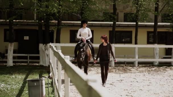 Wanita Muda Cantik Dalam Helm Belajar Menunggang Kuda Olahraga Berkuda — Stok Video