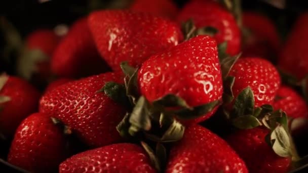 Fresas Girando Sobre Fondo Negro Fresa Roja Vibrante Fresca Orgánica — Vídeos de Stock