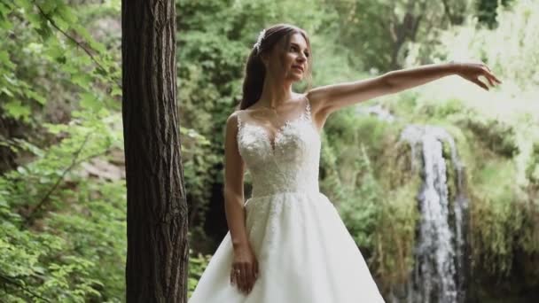 Young Couple Love Bride Groom Wedding Day Mountain Waterfall Enjoy — Stock Video