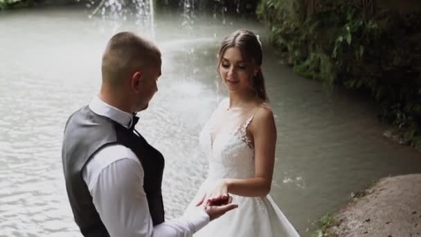 Молода Пара Закохана Нареченого Наречену День Весілля Біля Гірського Водоспаду — стокове відео