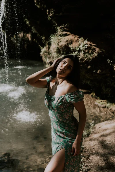Beautiful Model Turquoise Dress Posing Mountain Waterfall Wildlife Concept — Stock Photo, Image