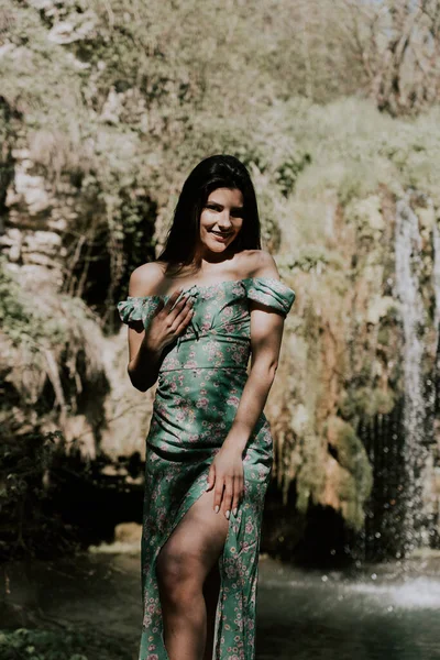 Beautiful Model Turquoise Dress Posing Mountain Waterfall Wildlife Concept — Stock Photo, Image