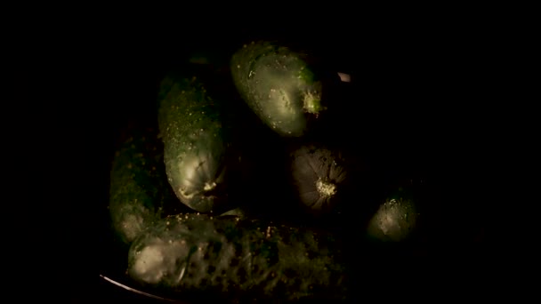 Fresh Cucumbers Black Background Rotating Closeup — Stock Video