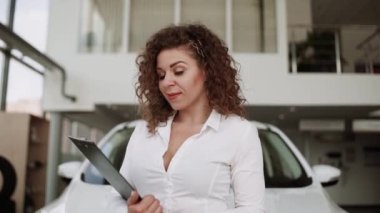 Otomobil satış merkezinde. Araba satıcısı genç bir aileye yeni otomobil satıyor. Araba galerisinde yeni bir araba seçen genç ve güzel bir çift.