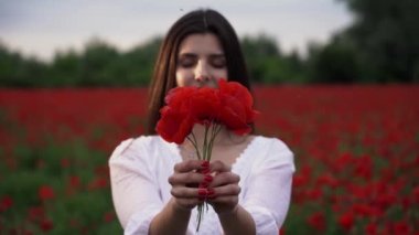Haşhaş tarlasında kısa beyaz bir elbise giymiş güzel bir kadın, güzel kırmızı çiçeklerin arasında, gülümseyen ve rüzgarda poz veren. Doğa konsepti.