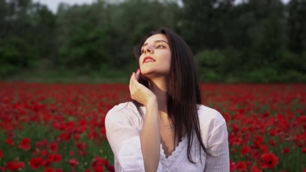 Beautiful Woman Short White Dress Poppy Field Beautiful Scarlet Flowers — Stock Video