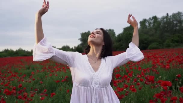 Krásná Žena Krátkých Bílých Šatech Makovém Poli Mezi Krásnými Šarlatovými — Stock video