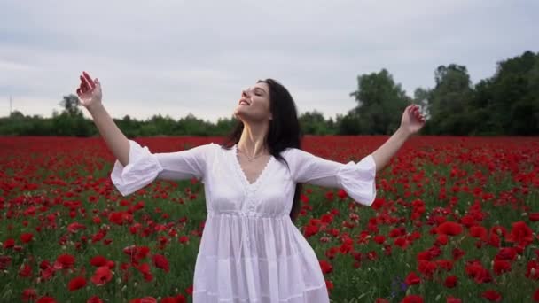 美しい緋色の花の間で ケシ畑の短い白いドレスの美しい女性は 笑顔と風の中でポーズ — ストック動画