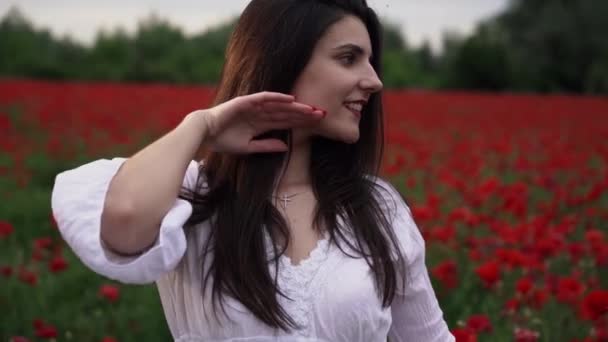 Beautiful Woman Short White Dress Poppy Field Beautiful Scarlet Flowers — Stock Video