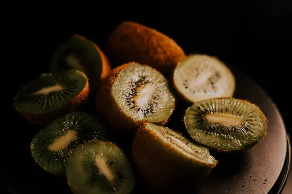 Close Kiwi Fruits Black Background Fresh Tasty Kiwi — Stock Photo, Image