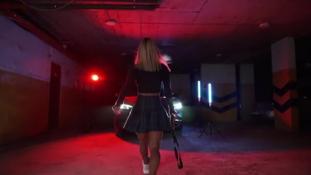 Stylish Woman Photographer Photographing Sexy Woman Car Colored Light Concept — Stock Video