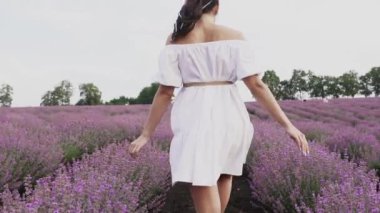 Lavanta tarlasında yürüyen güzel kadın beyaz elbiseli doğayı sever. Mutluluk masalı. 