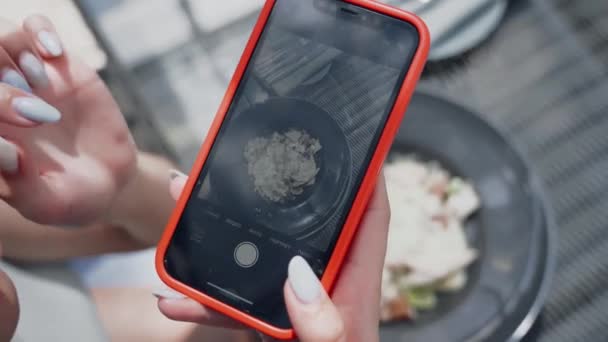 妇女在暑假为食物拍照 并在拍摄街头食物照片前调整智能手机亮度 — 图库视频影像
