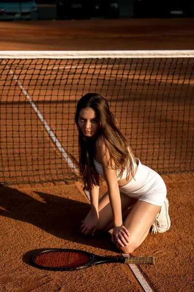 Portrait Tennis Player Woman White Uniform Racket Court Female Athlete — Stock Photo, Image
