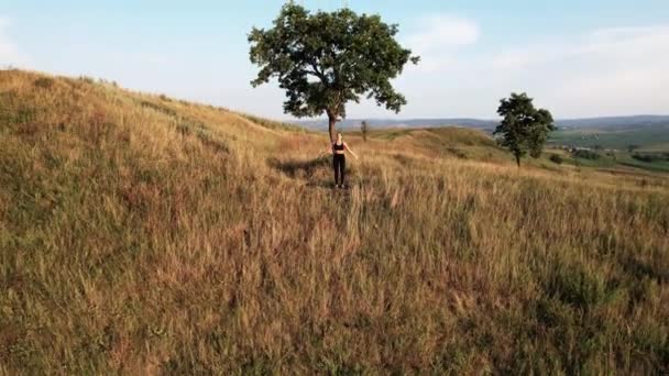 Спортивна Жінка Медитує Під Деревом Горі Заході Сонця — стокове відео
