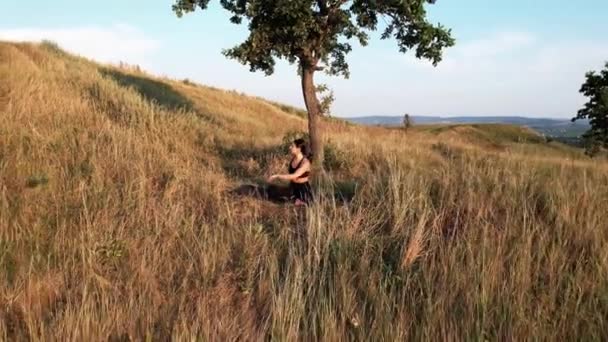 Sportowa Kobieta Medytująca Pod Drzewem Górze Zachodzie Słońca Medytacja Koncepcja — Wideo stockowe