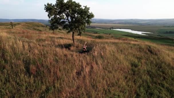 Sports Woman Meditating Tree Mountain Sunset Meditation Yoga Concept Drone — Stock Video
