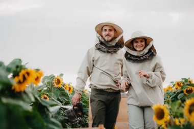 Genç arıcılar arılarla çalışır ve bal yerler. Genç bir arı yetiştiricisi ailesi ayçiçekli bir tarlada bal toplar. Bal toplama konsepti