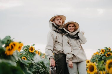 Genç arıcılar arılarla çalışır ve bal yerler. Genç bir arı yetiştiricisi ailesi ayçiçekli bir tarlada bal toplar. Bal toplama konsepti